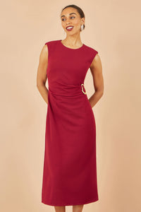 Yumi Burgundy Buckle Detail Ruched Midi Dress