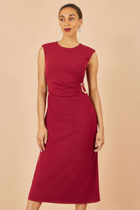Yumi Burgundy Buckle Detail Ruched Midi Dress