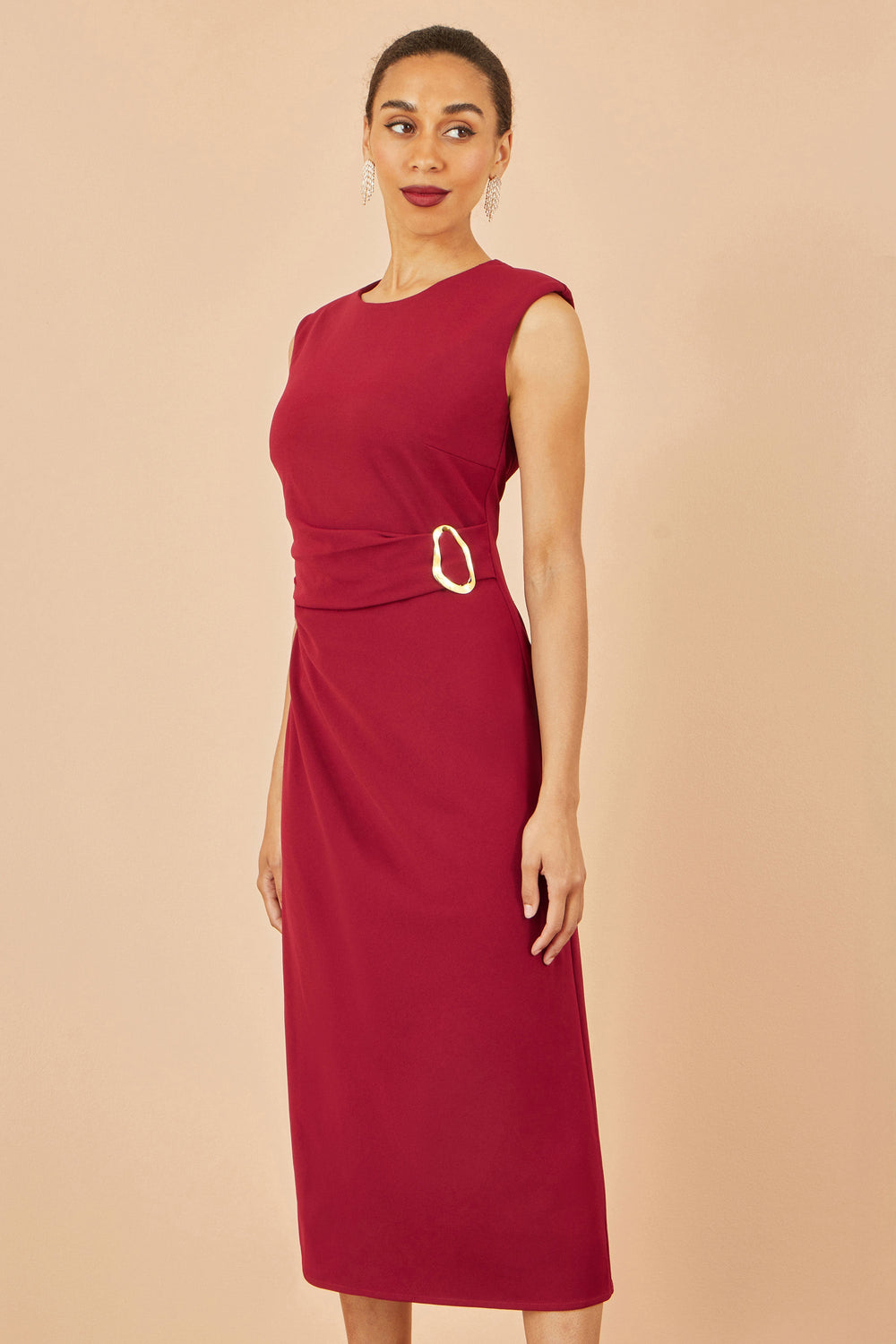 Yumi Burgundy Buckle Detail Ruched Midi Dress