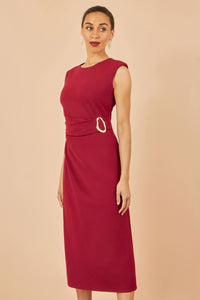 Yumi Burgundy Buckle Detail Ruched Midi Dress