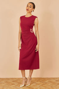 Yumi Burgundy Buckle Detail Ruched Midi Dress