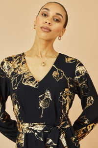 Yumi Black Foil Rose Print Midi Dress