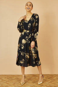 Yumi Black Foil Rose Print Midi Dress