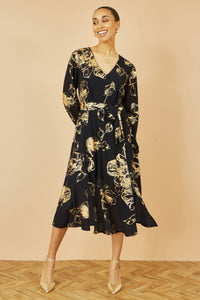 Yumi Black Foil Rose Print Midi Dress