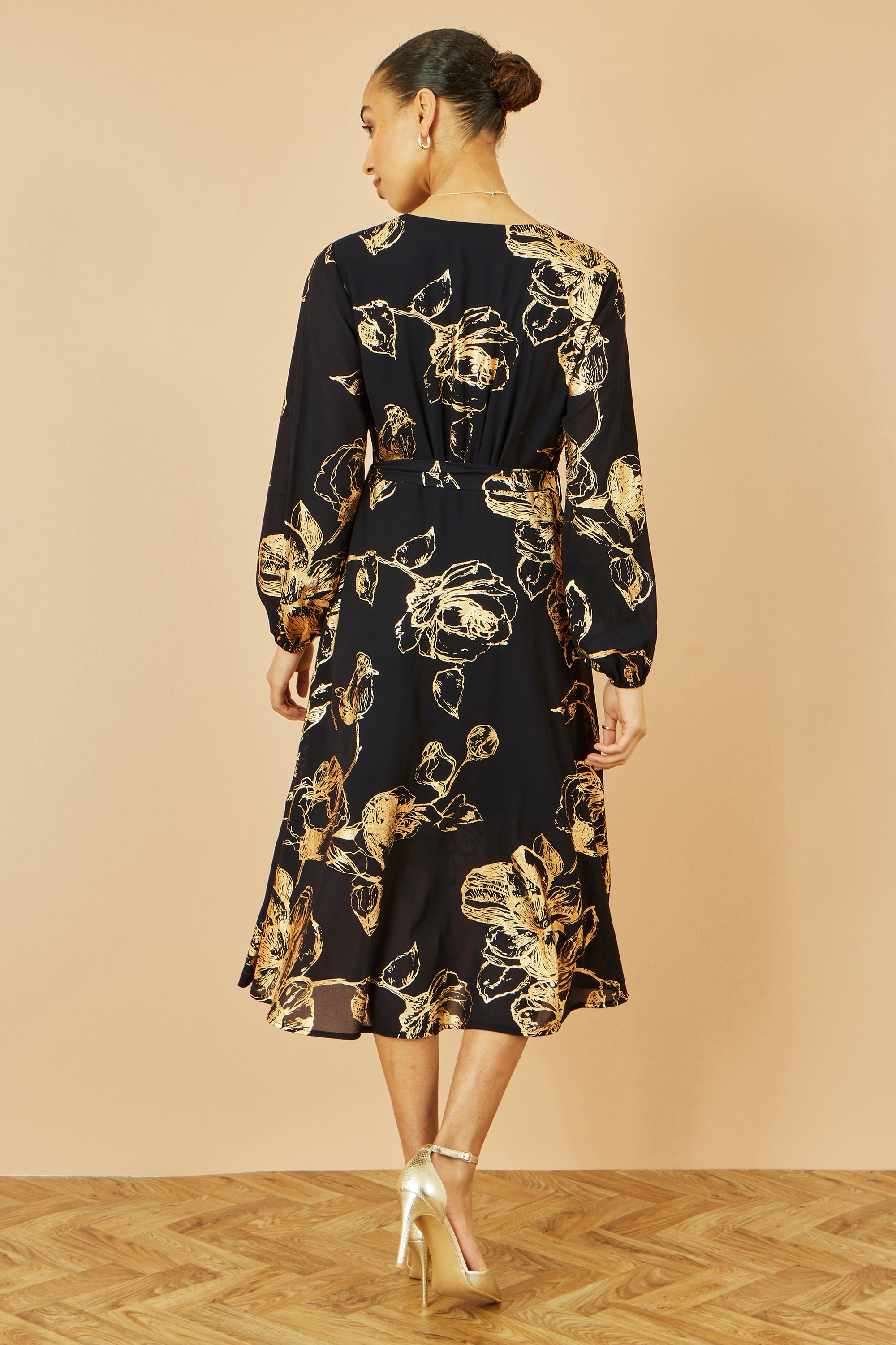 Yumi Black Foil Rose Print Midi Dress
