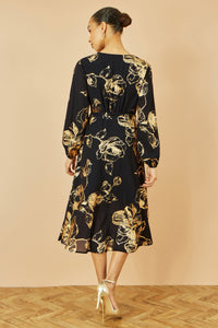 Yumi Black Foil Rose Print Midi Dress