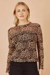 Yumi Brown Leopard Print Mesh Stretch Fitted Top