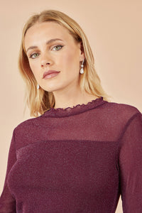 Yumi Burgundy Shimmer Print Mesh Stretch Fitted Top