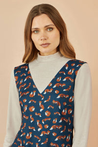 Yumi Navy Fox Long Sleeve Layered Tunic Dress with Pockets