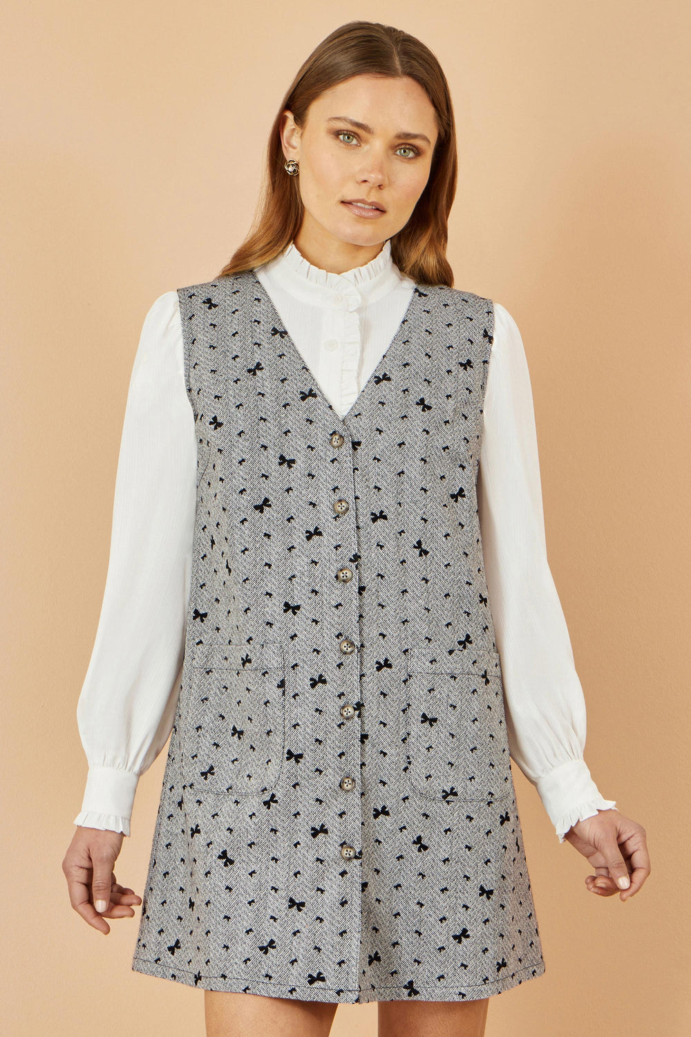 Yumi Grey Bow Print Pinafore Dress with Elegant Button Detail