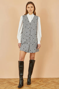 Yumi Grey Bow Print Pinafore Dress with Elegant Button Detail