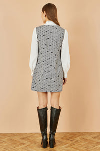 Yumi Grey Bow Print Pinafore Dress with Elegant Button Detail