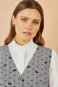 Yumi Grey Bow Print Pinafore Dress with Elegant Button Detail