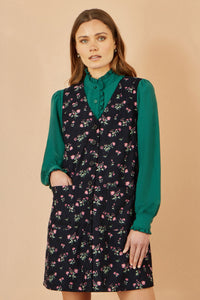Yumi Floral Print Pinafore Dress with Button Detail