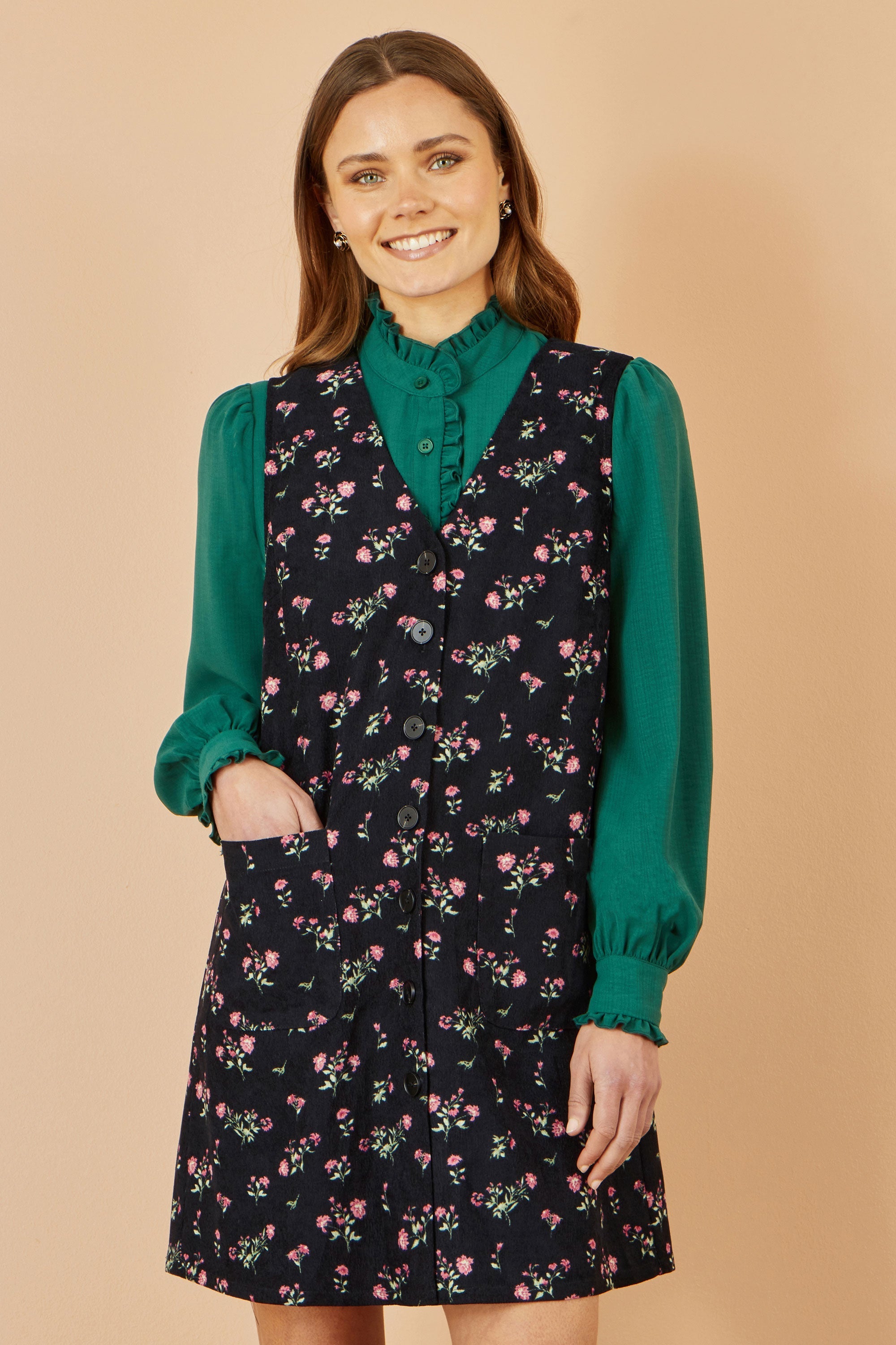 Yumi Black Floral Print Pinafore Dress With Button Up