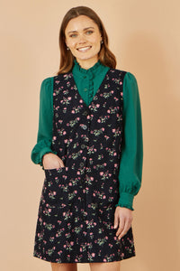Yumi Floral Print Pinafore Dress with Button Detail