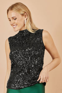 Yumi Black Sequin High Neck Top