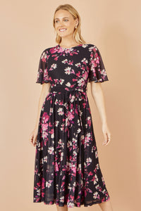Yumi Floral Midi Dress with Black Mesh Skater Design