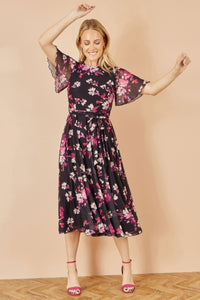 Yumi Floral Midi Dress with Black Mesh Skater Design