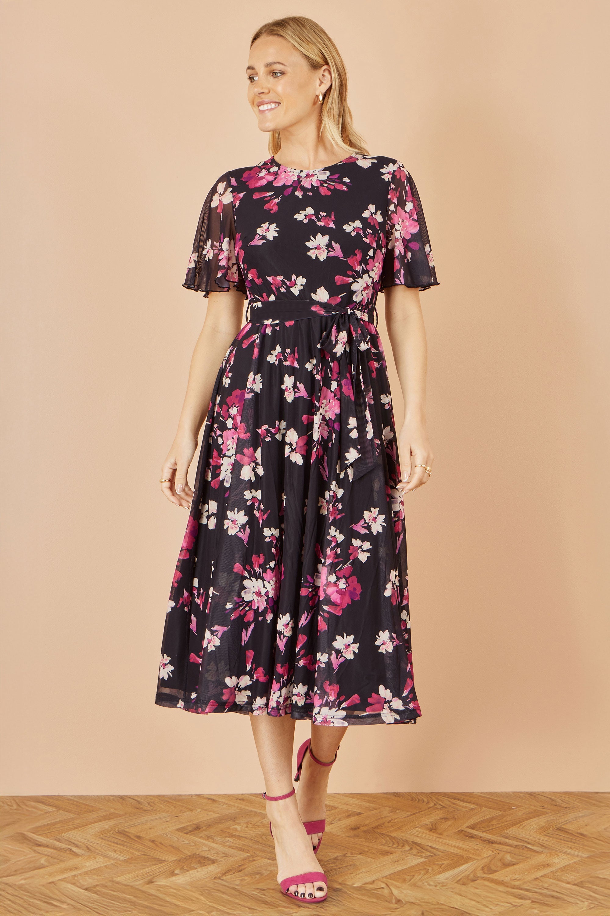 Yumi Black Mesh Skater Floral Midi Dress