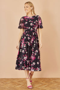 Yumi Floral Midi Dress with Black Mesh Skater Design