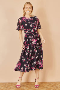 Yumi Floral Midi Dress with Black Mesh Skater Design