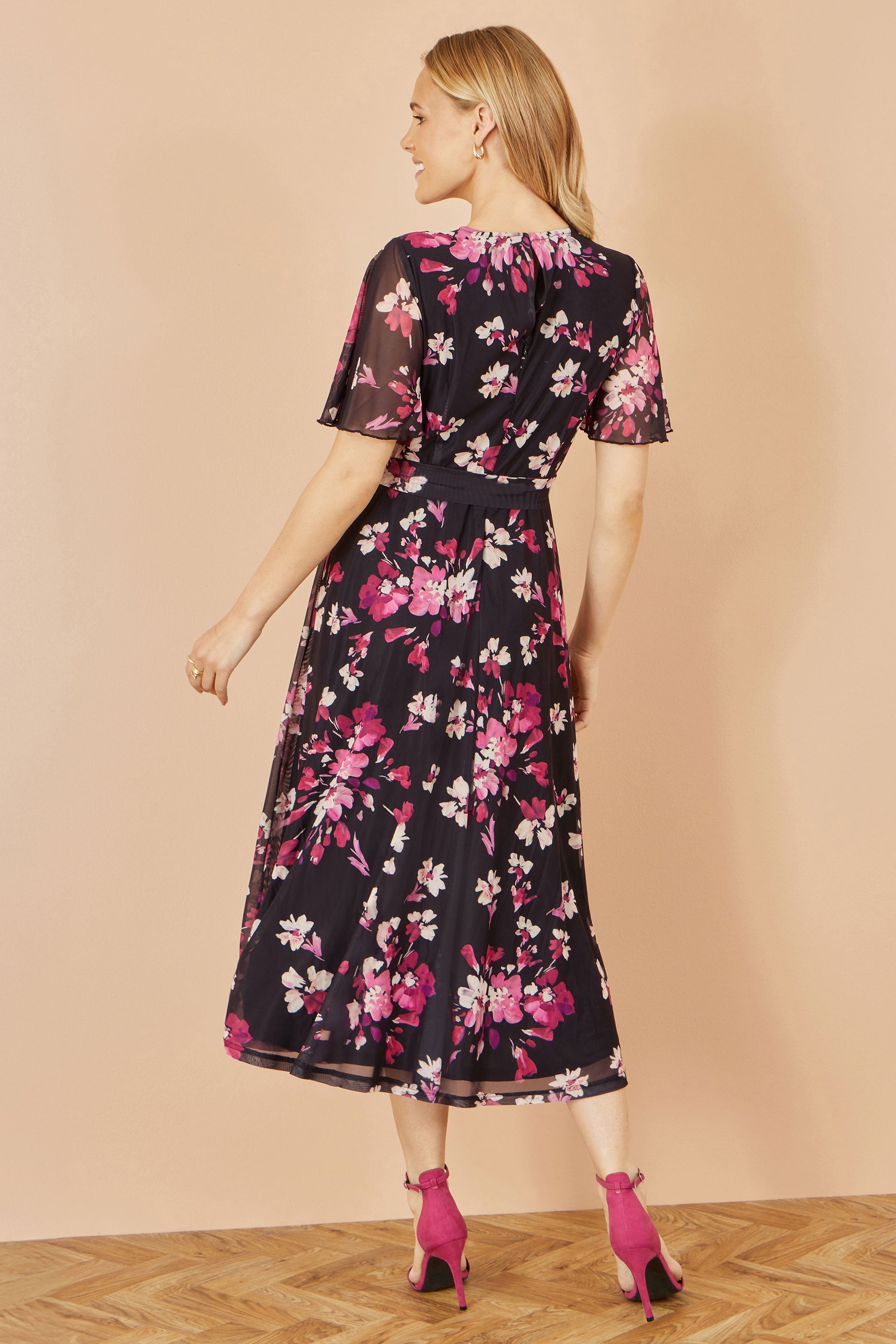 Yumi Black Mesh Skater Floral Midi Dress