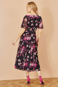 Yumi Floral Midi Dress with Black Mesh Skater Design