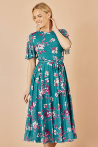 Yumi Teal Floral Mesh Midi Skater Dress