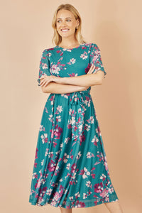 Yumi Teal Floral Mesh Midi Skater Dress