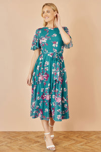 Yumi Teal Floral Mesh Midi Skater Dress