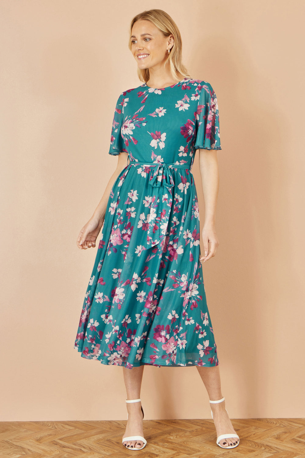 Yumi Teal Floral Mesh Midi Skater Dress