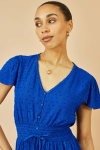 Yumi Blue Midi Dress with Button Detail and Ruched Waist