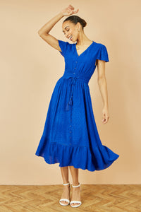 Yumi Blue Midi Dress with Button Detail and Ruched Waist