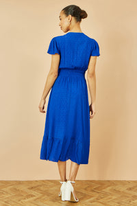 Yumi Blue Midi Dress with Button Detail and Ruched Waist