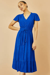 Yumi Blue Midi Dress with Button Detail and Ruched Waist
