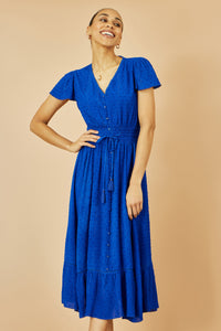 Yumi Blue Midi Dress with Button Detail and Ruched Waist