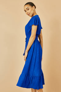 Yumi Blue Midi Dress with Button Detail and Ruched Waist