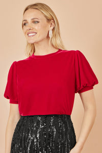 Yumi Red Velvet Puff Sleeve Top