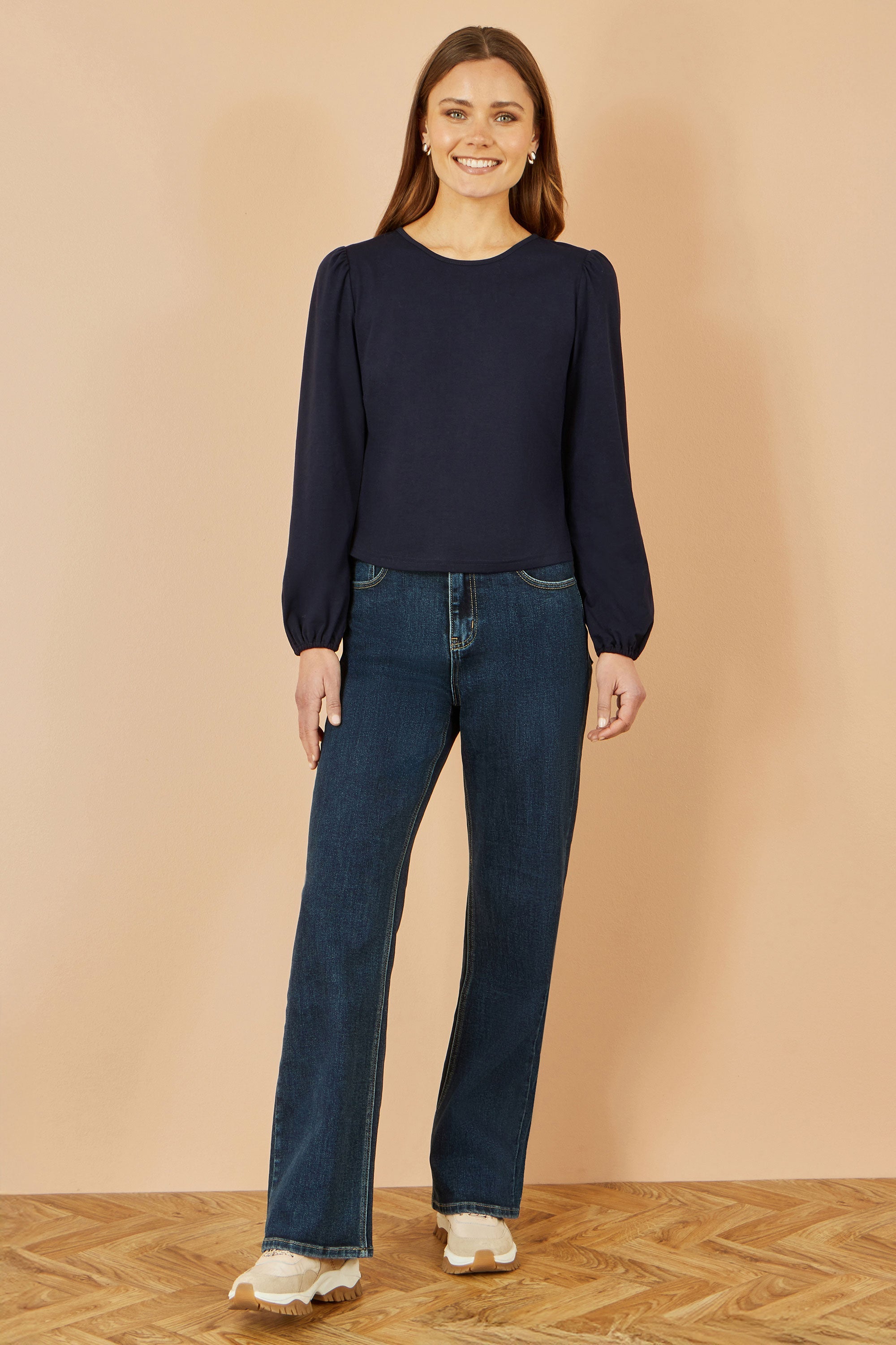 Yumi Navy Stretch Cotton Jersey Long Sleeve Top