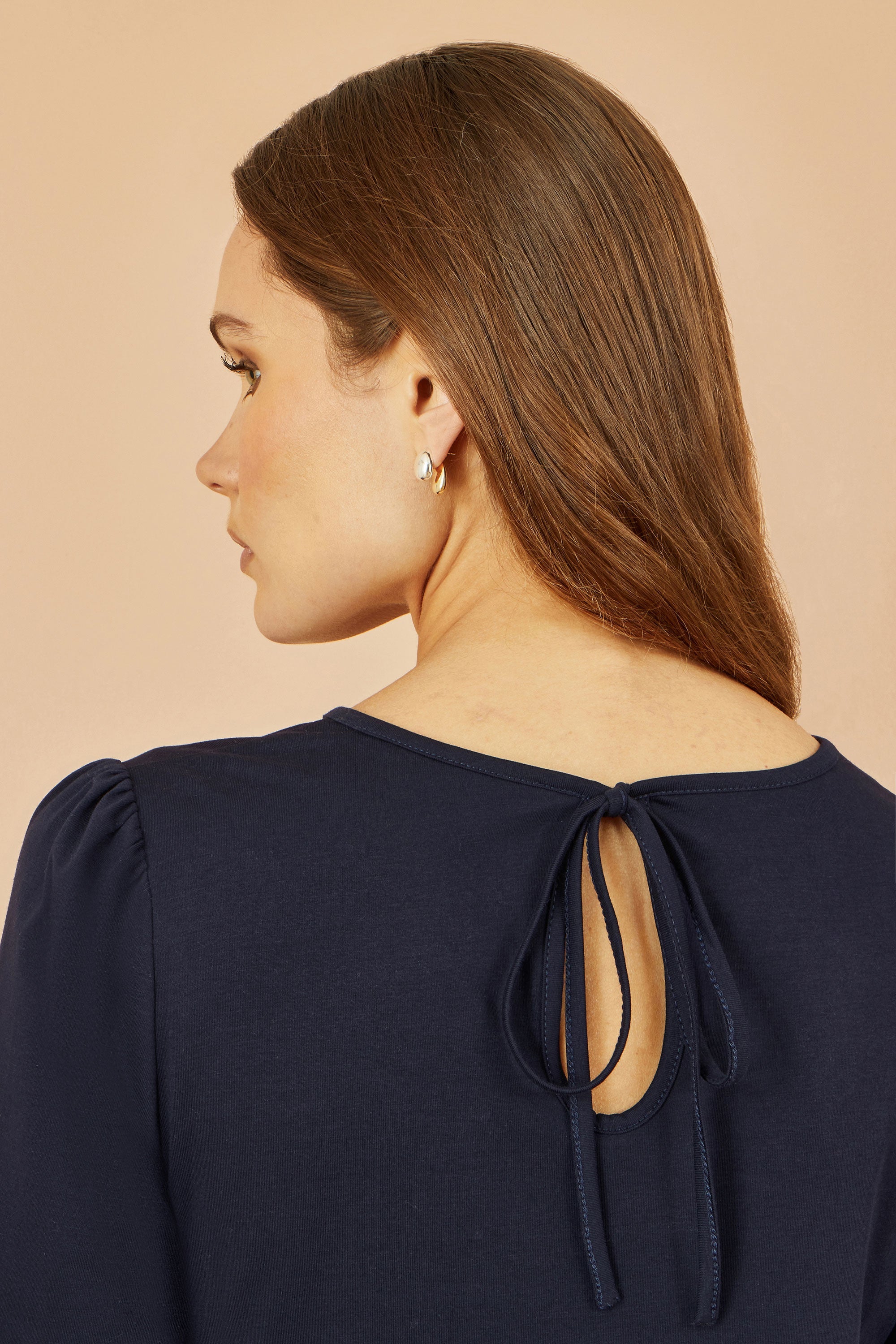 Yumi Navy Stretch Cotton Jersey Long Sleeve Top