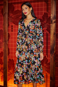 Yumi Black Floral And Foil Ruched Midi Dress With Split Hemline