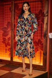 Yumi Black Floral And Foil Ruched Midi Dress With Split Hemline