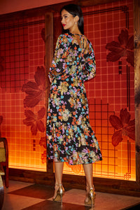Yumi Black Floral And Foil Ruched Midi Dress With Split Hemline