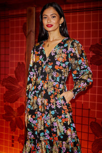 Yumi Black Floral And Foil Ruched Midi Dress With Split Hemline