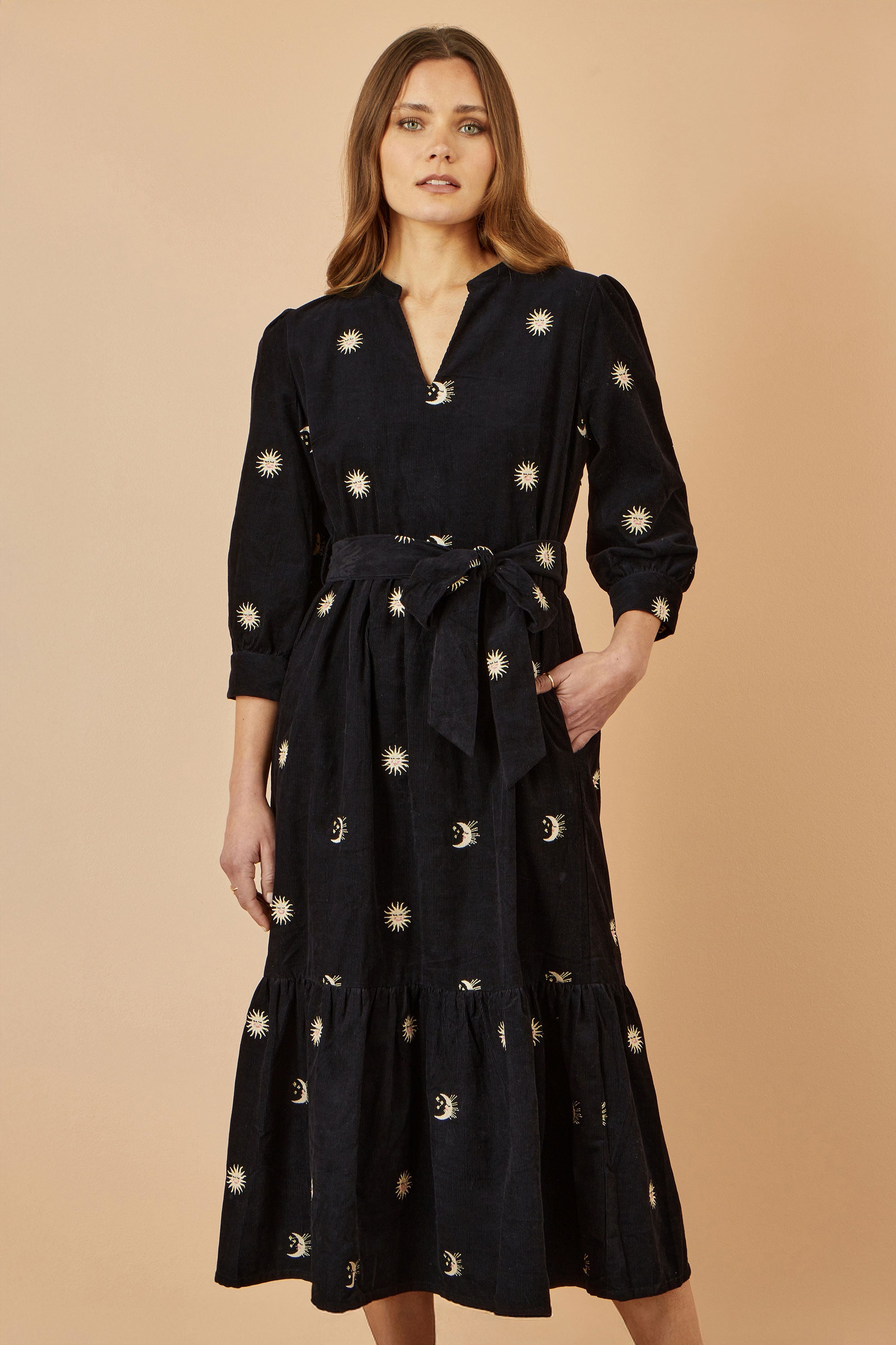 Yumi Black Cosmic Embroidery Cord Midi Shirt Dress