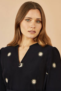 Yumi Black Cosmic Embroidery Cord Midi Shirt Dress