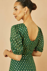 Yumi Green Gold Foil Spot Midi Dress with Alluring Scoop Back
