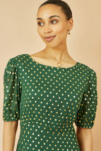Yumi Green Gold Foil Spot Midi Dress with Alluring Scoop Back