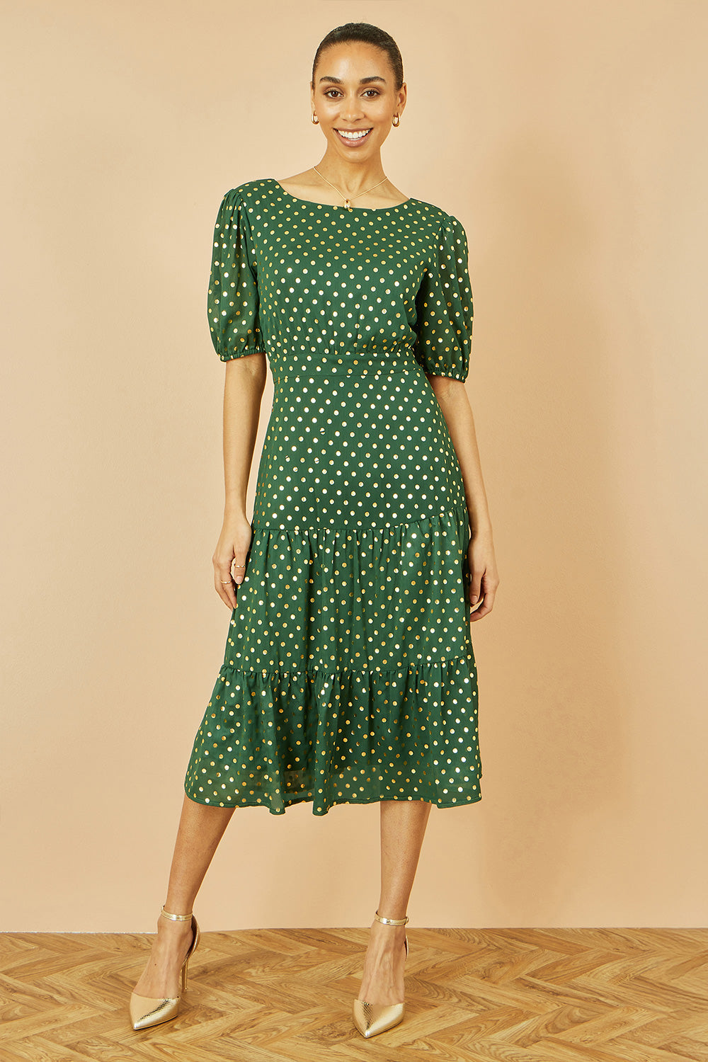 Yumi Green Gold Foil Spot Midi Dress with Alluring Scoop Back